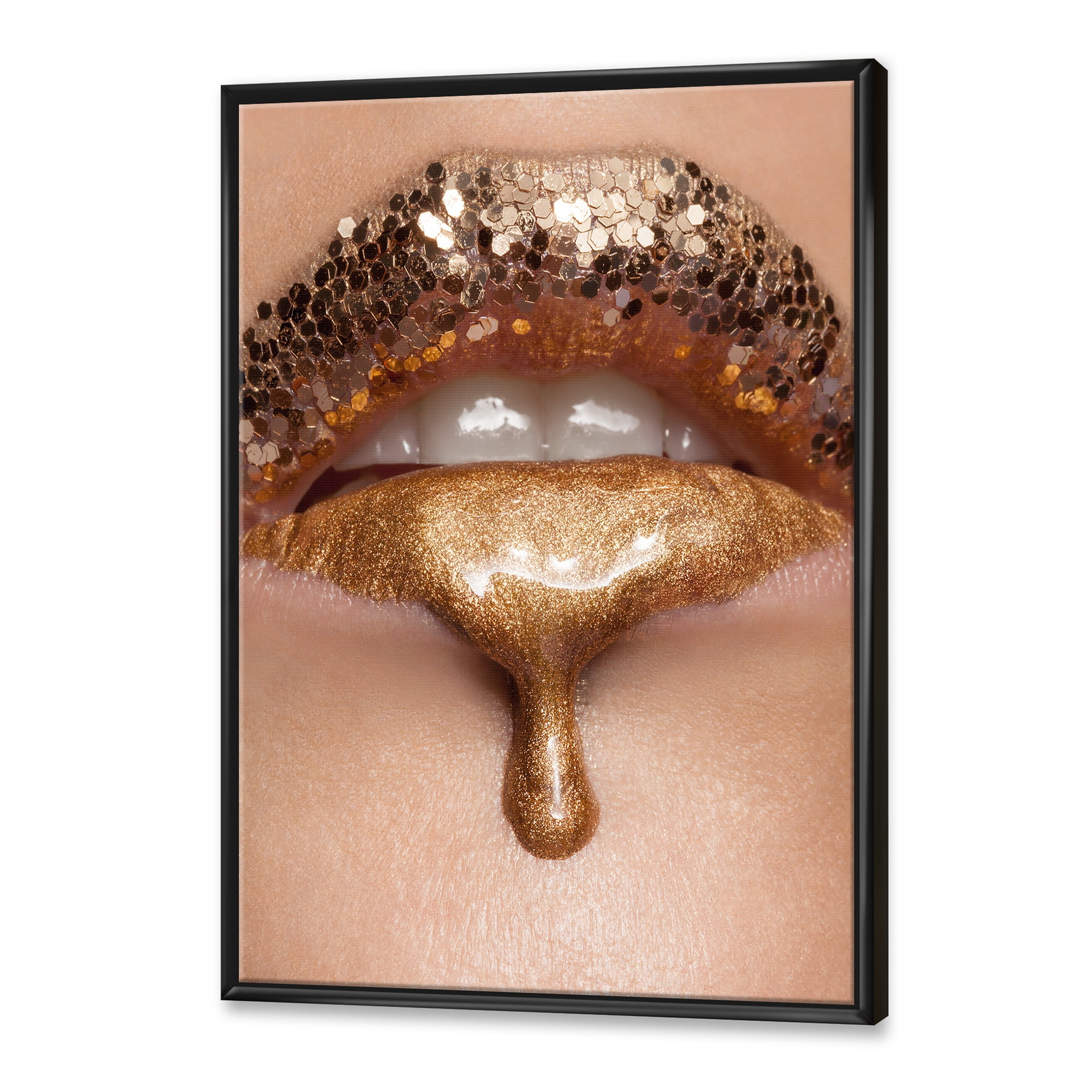 Designart 'Close-Up Of Woman Make-Up Of Gold Liquid Lips' Modern Framed Canvas Wall Art Print