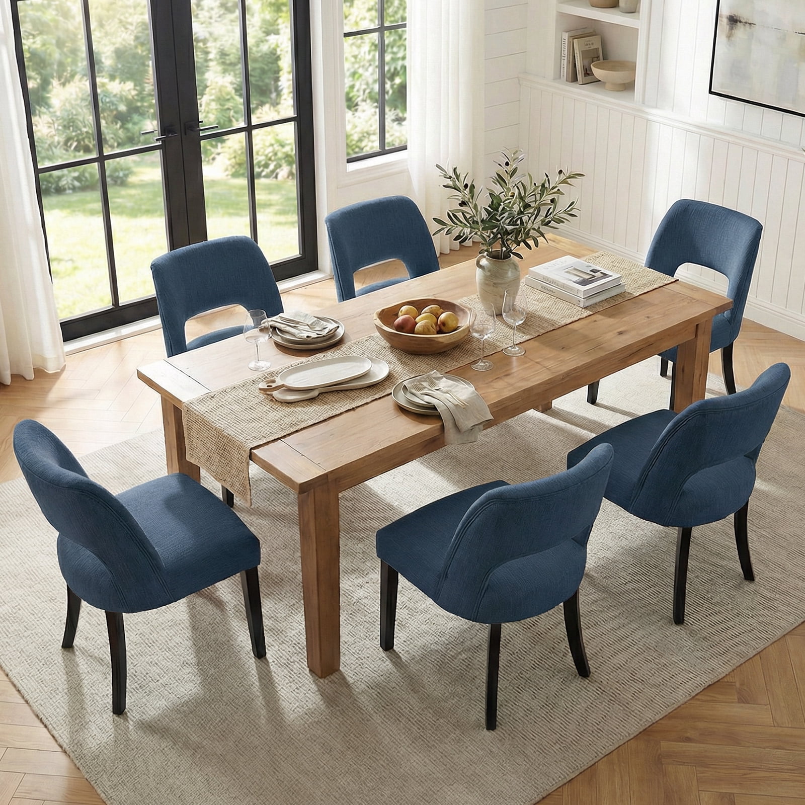 Vknow Furniture Durable Polyester Dining Chairs Set of 6 with Cutout Back and Wood Legs for Dining Room Kitchen,Blue