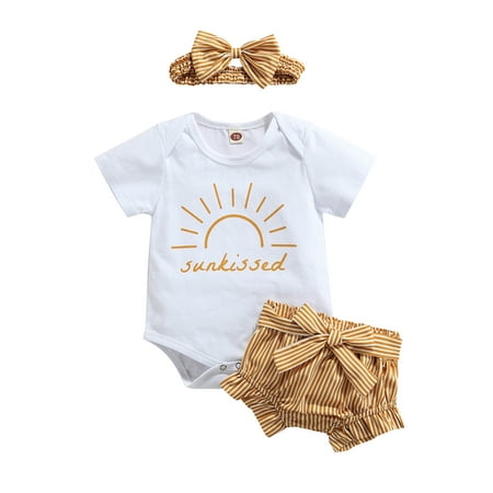 

Calsunbaby Baby Girl Clothes Set Sun Letter Print Short Sleeve Romper Striped Bowknot Shorts and Headband 3Pcs Set