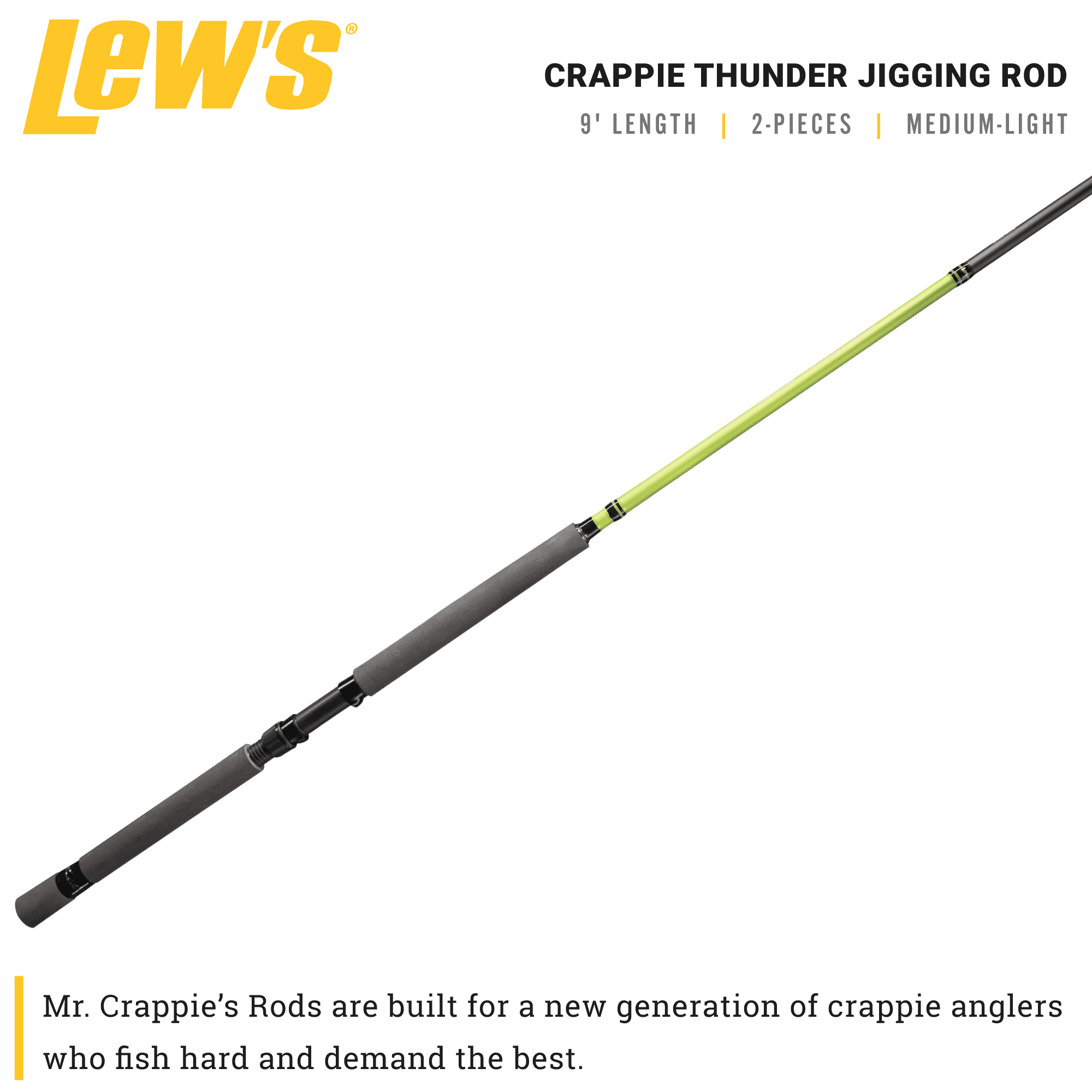 Lew's Crappie Thunder Jigging Rod, 9-Foot 2-Piece Rod, Light Power Fast Action, Green