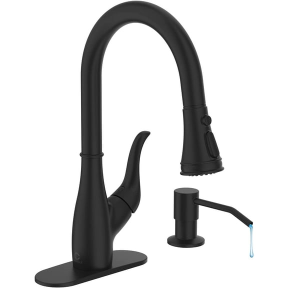Black Kitchen Faucet with Soap Dispenser, Faucet for Kitchen Sink, Single Handle Stainless Steel Kitchen Sink Faucets with Pull Down Sprayer and Deck Plate, RV Sink Faucet