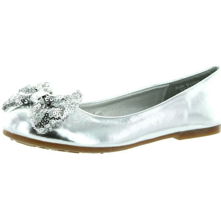 

Jelly Beans Girls Eta Round Toe Ballet Ballerina Flat Sequined Bow Accent Silver 10