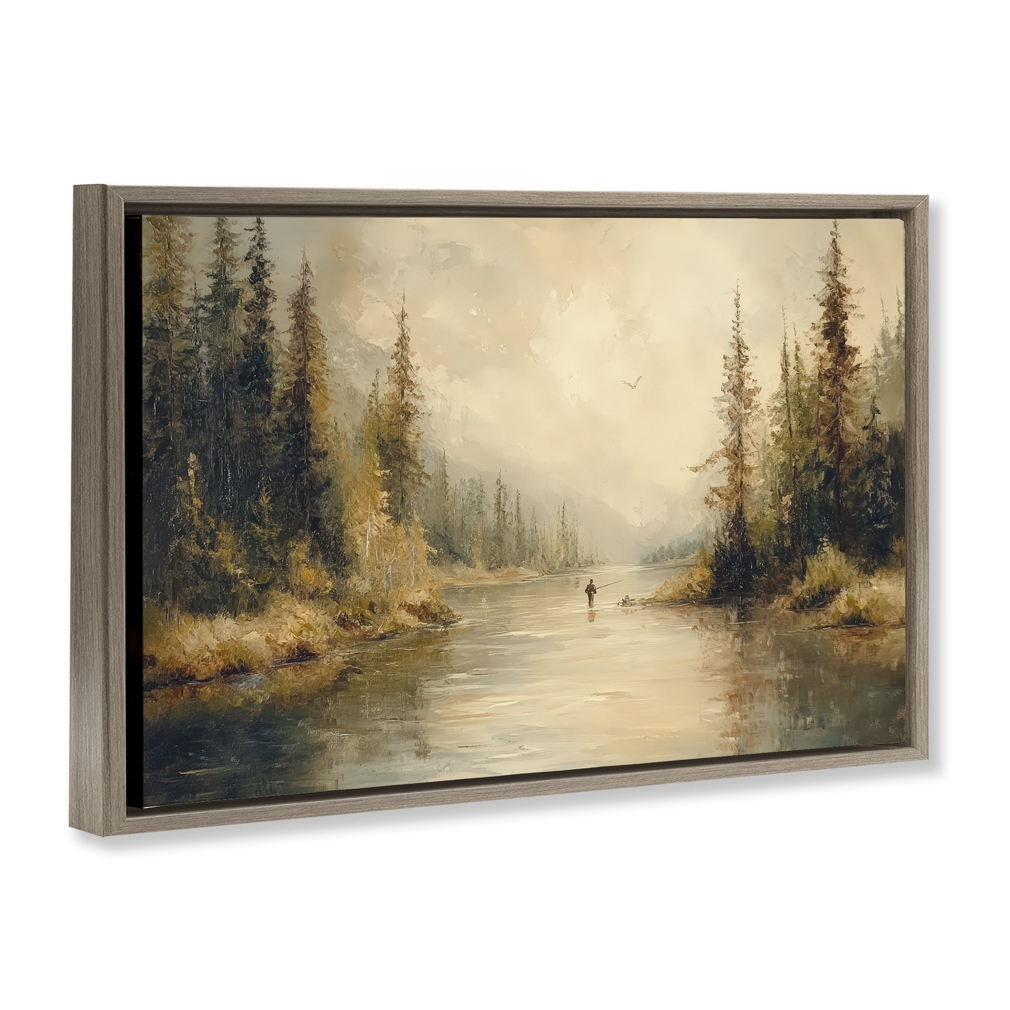 Stupell Industries Fly Fisher at Misty River Brown Framed Floater Canvas Wall Art, design by Petal Prints Design