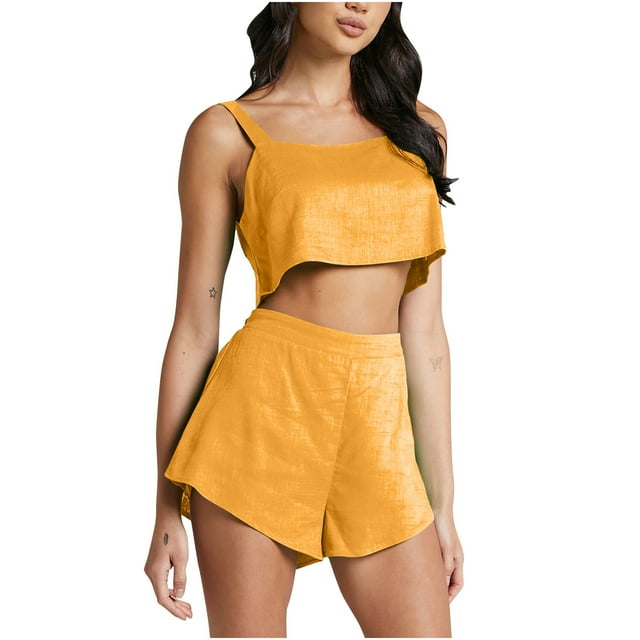 Womens 2 Piece Outfits Lounge Matching Sets Cotton Linen Shorts Open Back Crop Tops Trendy Clothes Summer Vacation Set