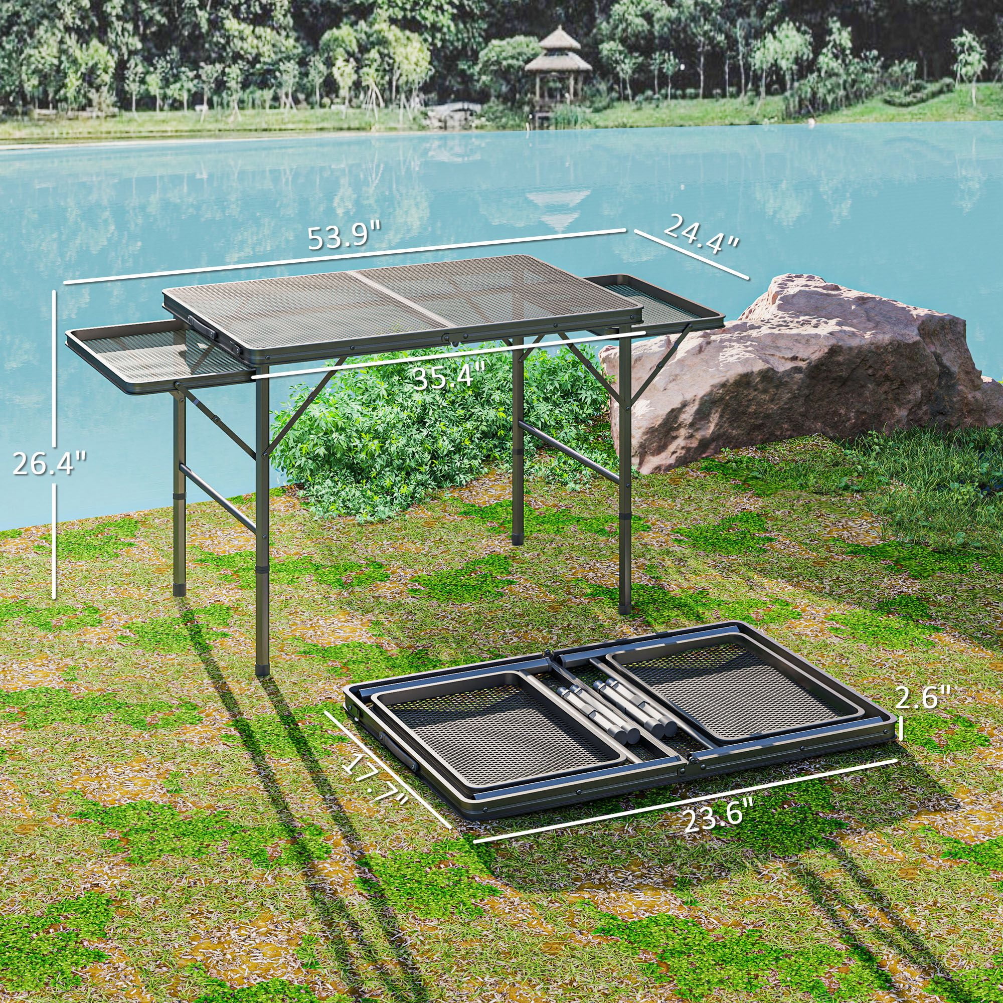 Folding Camping Table, 4.5ft Portable Table with 2 Wing Panels, Height Adjustable Metal Picnic Table