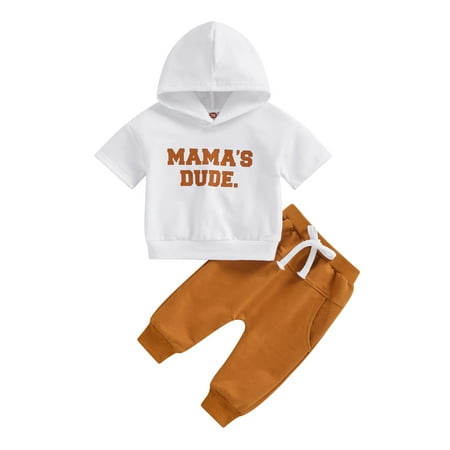

Bagilaanoe 2Pcs Toddler Baby Boys Long Pants Set Letters Print Short Sleeve Hooded T-Shirt Tops + Trousers 6M 12M 18M 24M 3T Kids Casual Outfits