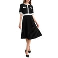 thumbnail image 2 of Women's Short Sleeve Pleated Dress 2025 Trendy Contrast Color Casual Work A-Line Midi Dresses S Black, 2 of 5