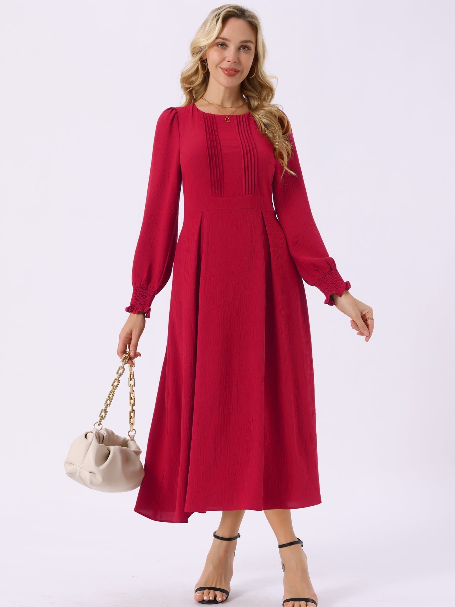 DARING DIVA Frilled Crewneck Long Sleeve Midi Fall Dress L Red