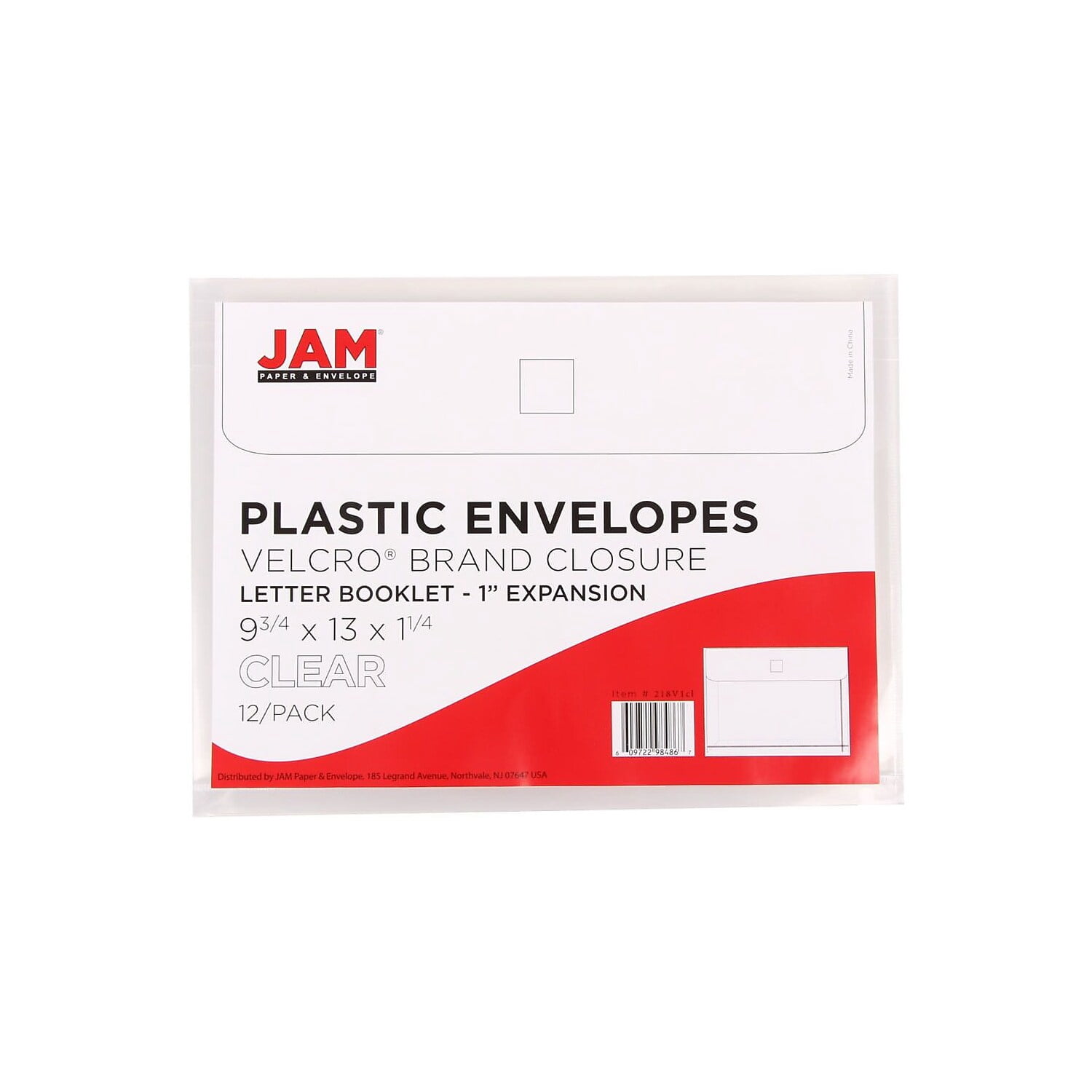 JAM Plastic Hook and Loop Envelopes, 9.8" x 13" x 1", 12 Per Pack, Clear, 1 Inch Expansion