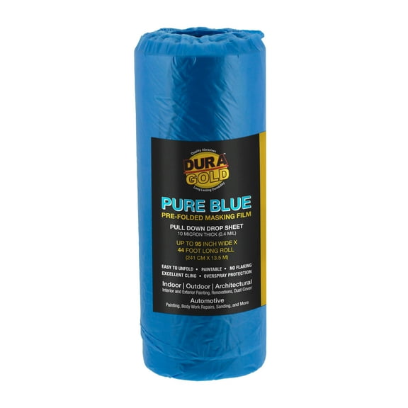 Dura-Gold 95" Wide x 44' Long Roll of Pure Blue Pre-Folded Making Film, 0.4 Mil Overspray Paintable Plastic Protective Sheeting, Pull Down Drop Sheet - Auto Painting, Cover Cloth Home Walls Furniture