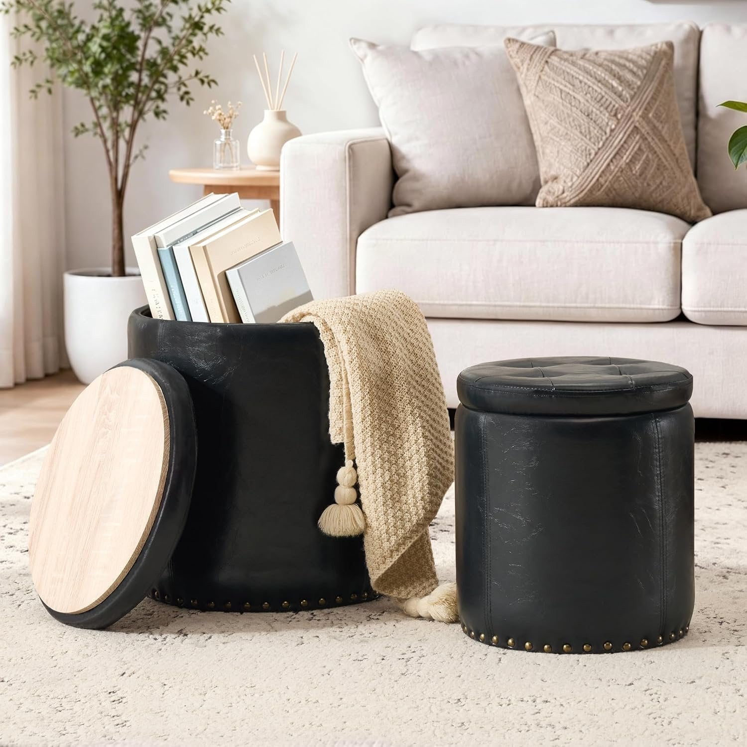 Round Ottoman with Storage Set of 2 Faux Leather Button Tufted Stool Storage Ottoman Coffee Table Small Leather Foot Rest Stool for Living Room Bedroom Black