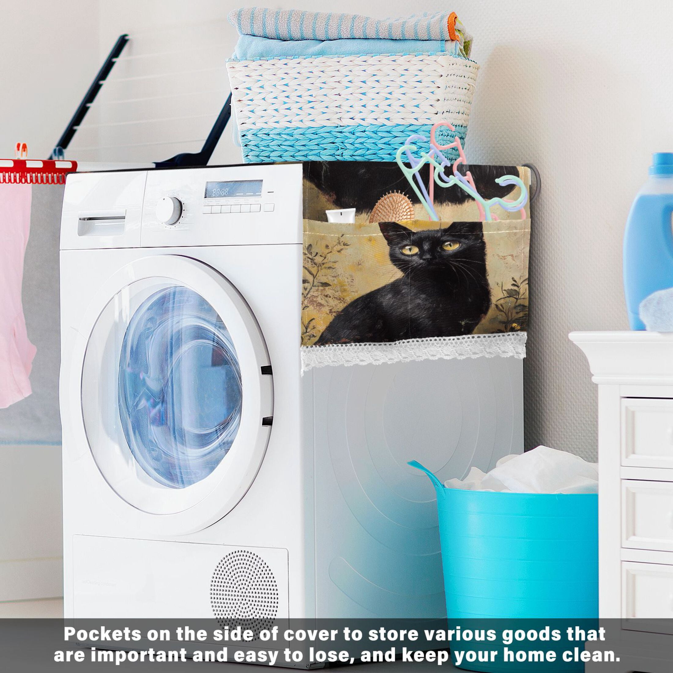 WOBOGO Black Cat with Oil Painting Style Washing Machine Cloth Dryer Refrigerator Top Cover Protective Non-Slip Mat For Kitchen Laundry
