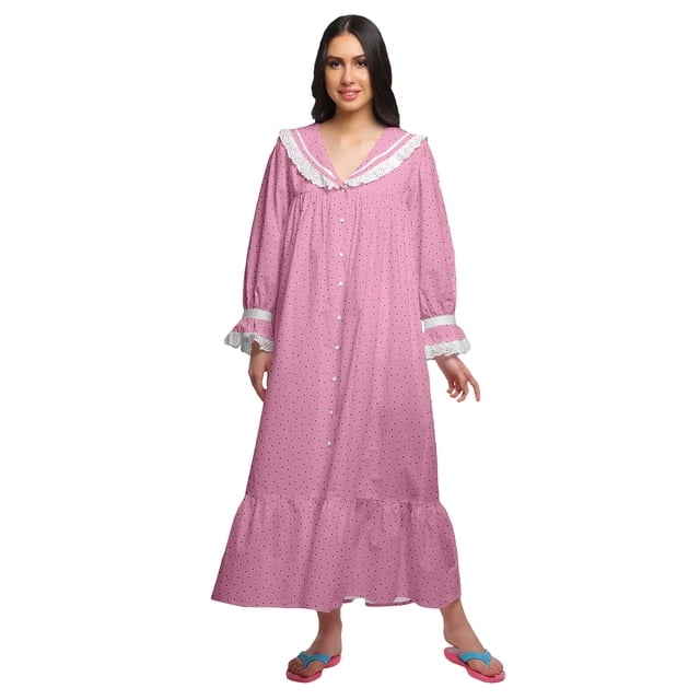 Moomaya Robe de Nuit Maxi à Manches Longues Imprimée Boutonnée en Coton