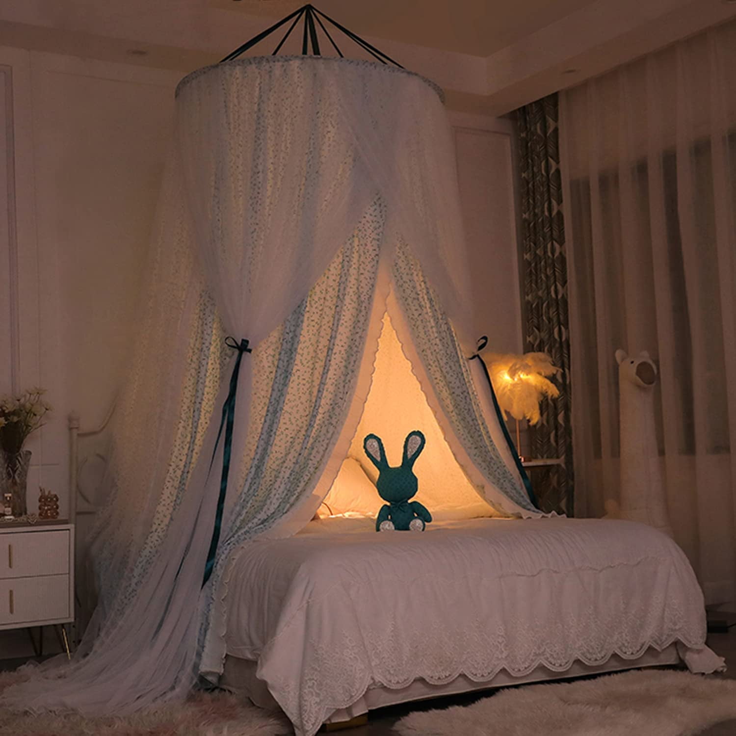 Luxurious Bed Canopy for Girls & Adults, Large Elegant Double Layer Bed Curtain Canopy Drapes, Round Dome Lace Princess Canopies Netting (Fresh)