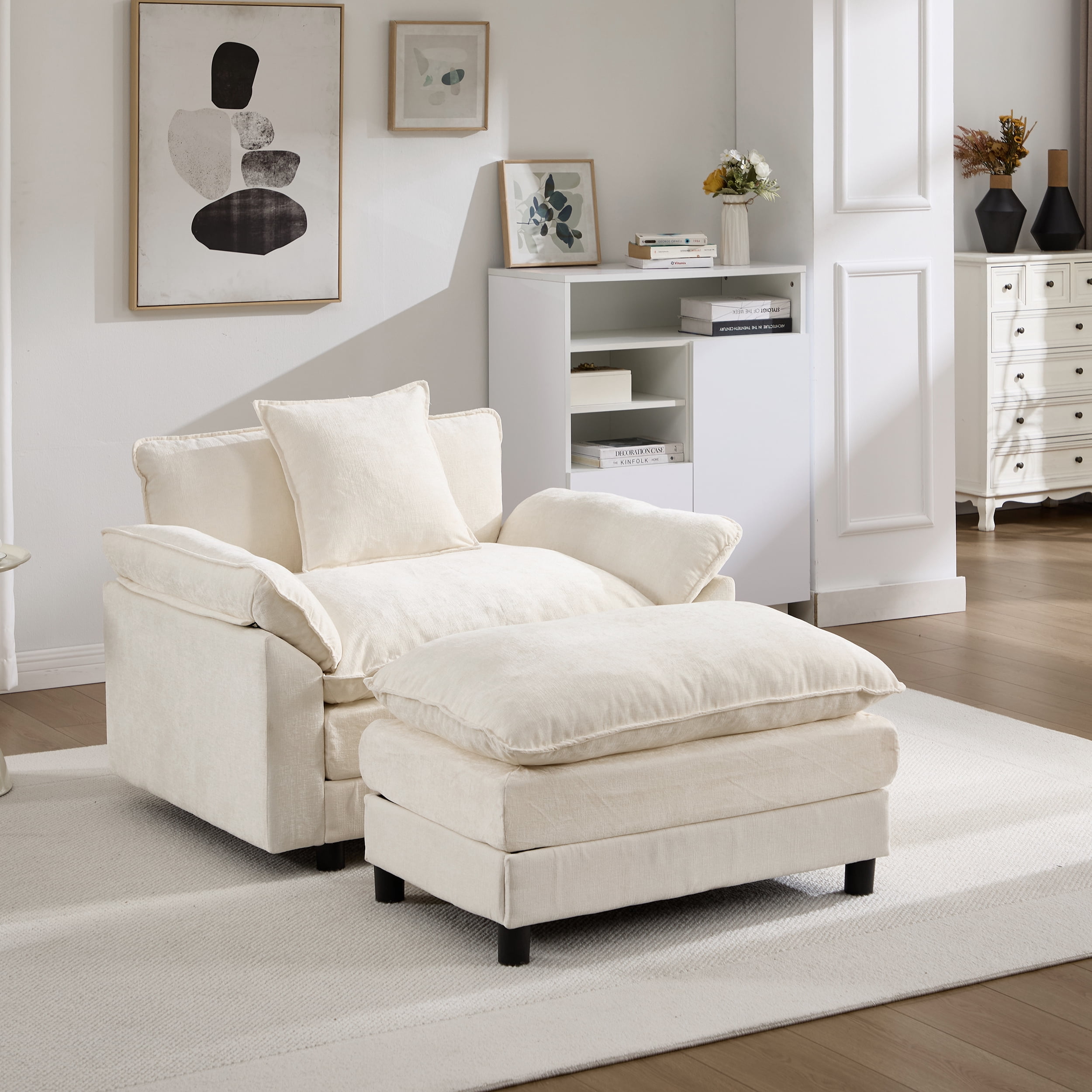 44.5" Accent Chair with Ottoman Club Chair Chenille Upholstered Armchair