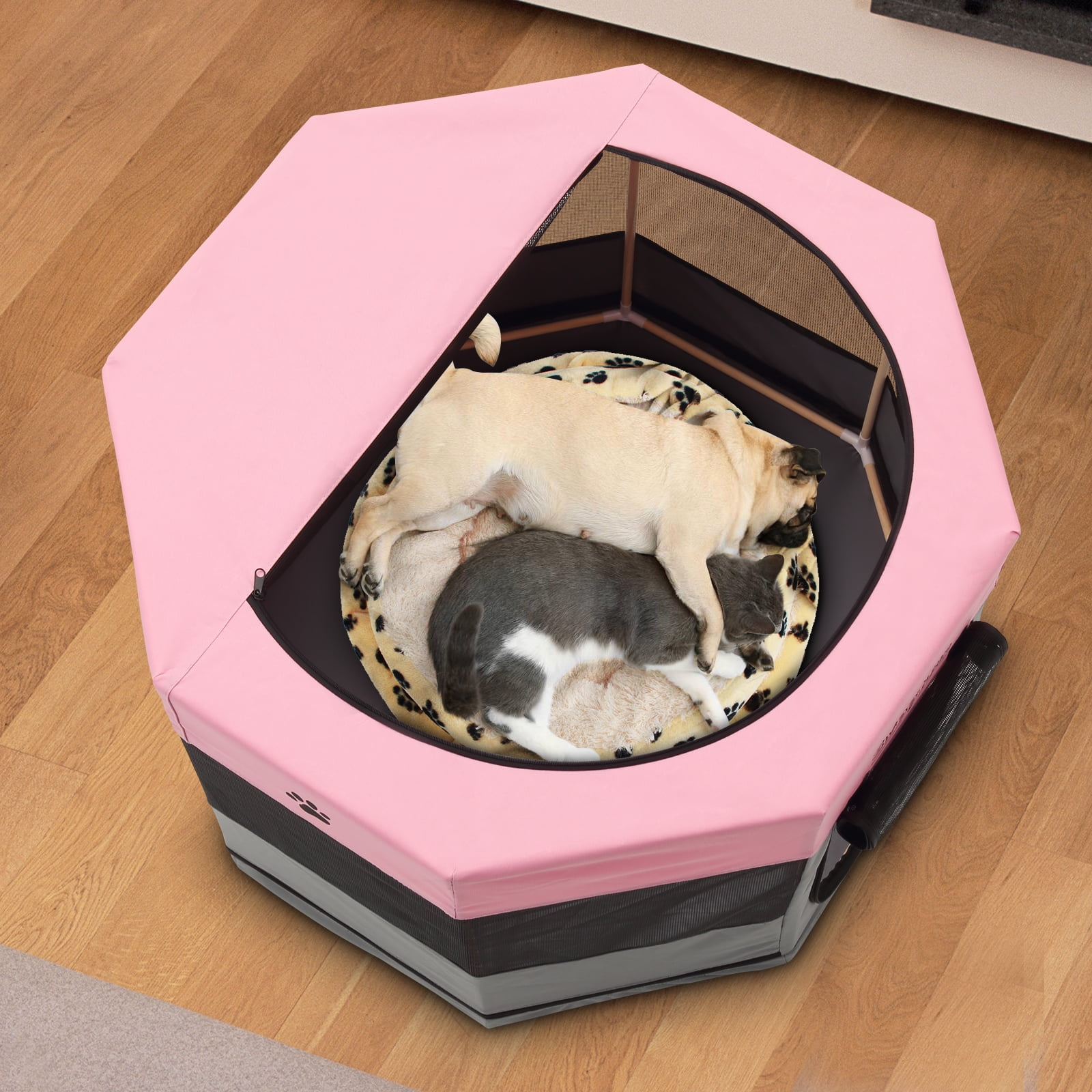 Medium Wood Frame Dog Playpen for Medium Dogs,Cat Playpen with Waterproof Bottom,Travel Pet Play Pen with Side Door for Puppies (36" x 36" x 23", Pink)