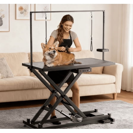 Haodian Professional Electric Dog Grooming Table - Heavy Duty, Height Adjustable Pet Grooming Table w/Leveling Wheels, Dog Grooming Arm, Anti Slip Tabletop & Tool Organizer/Dog Grooming Station
