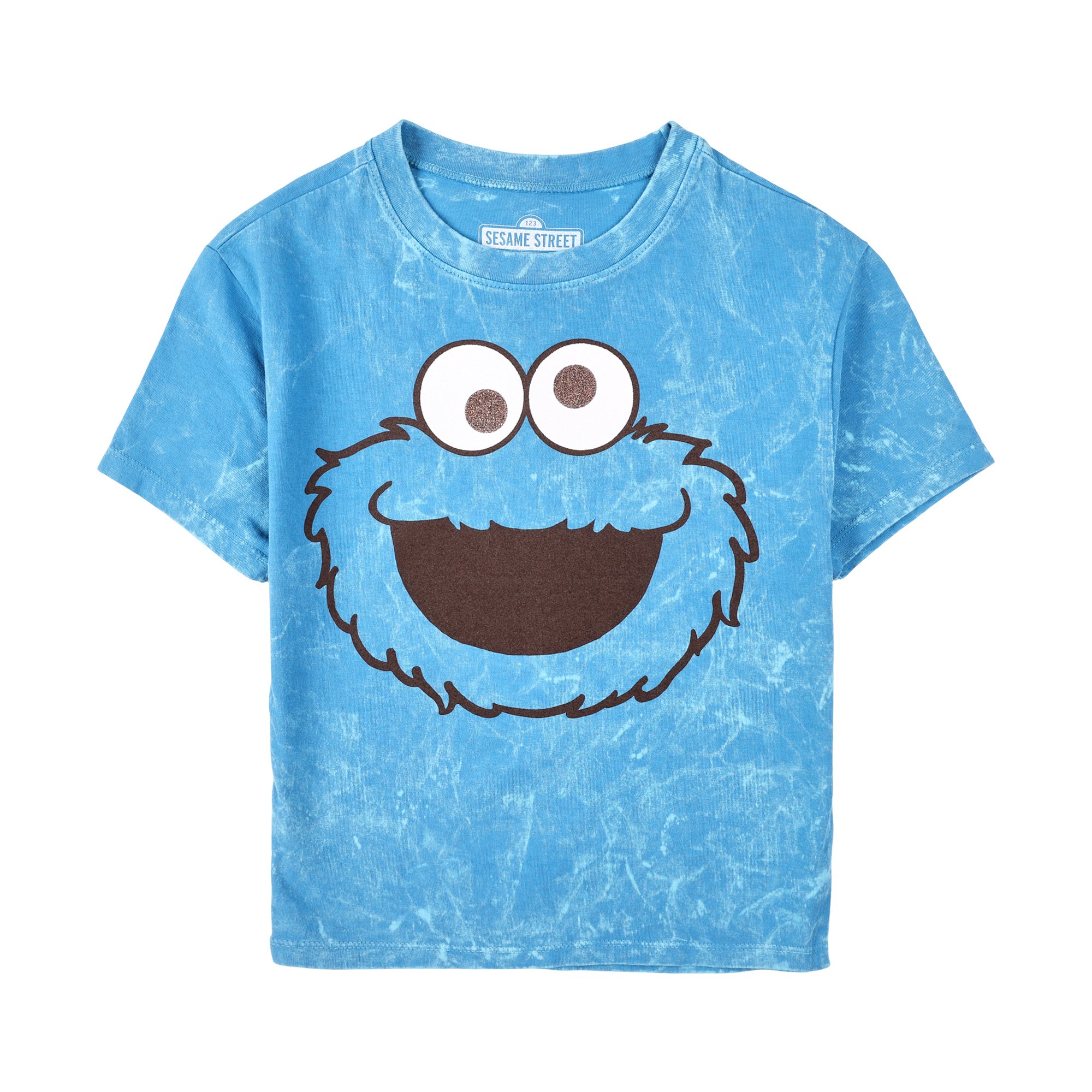 Sesame Street Cookie Monster Face Women's Blue Mineral Wash Crew Neck Short Sleeve Cropped Baby Tee-Small