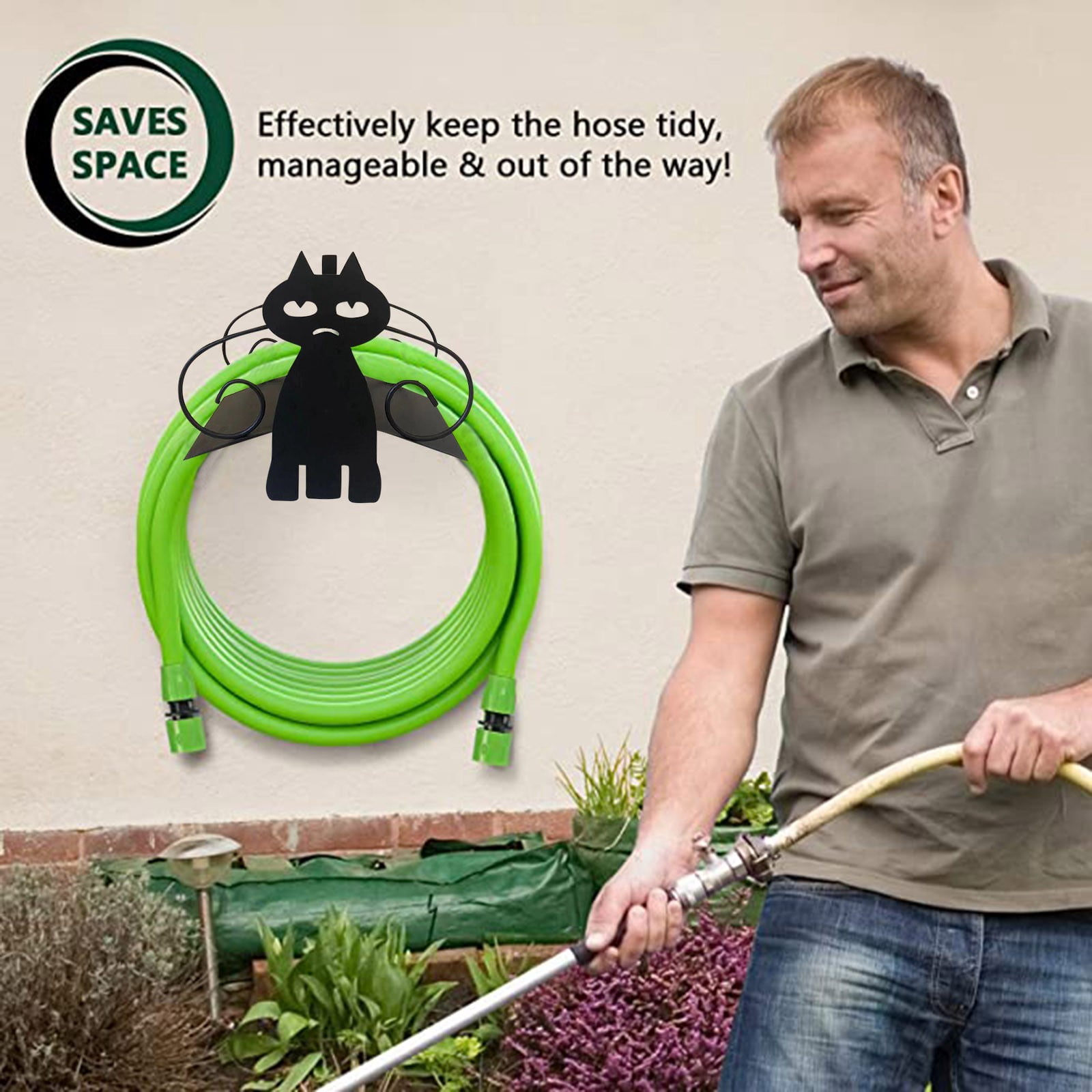 (Clearance) BNNG Black Cats Water Hose Holder, Wall Mount Garden Hose Hanger, Heavy Duty Iron Hose Reel Wall Mounted, Indoor Outdoor Watering Hose Wall Hook, Yard Balcony Water Pipe Storage Rac