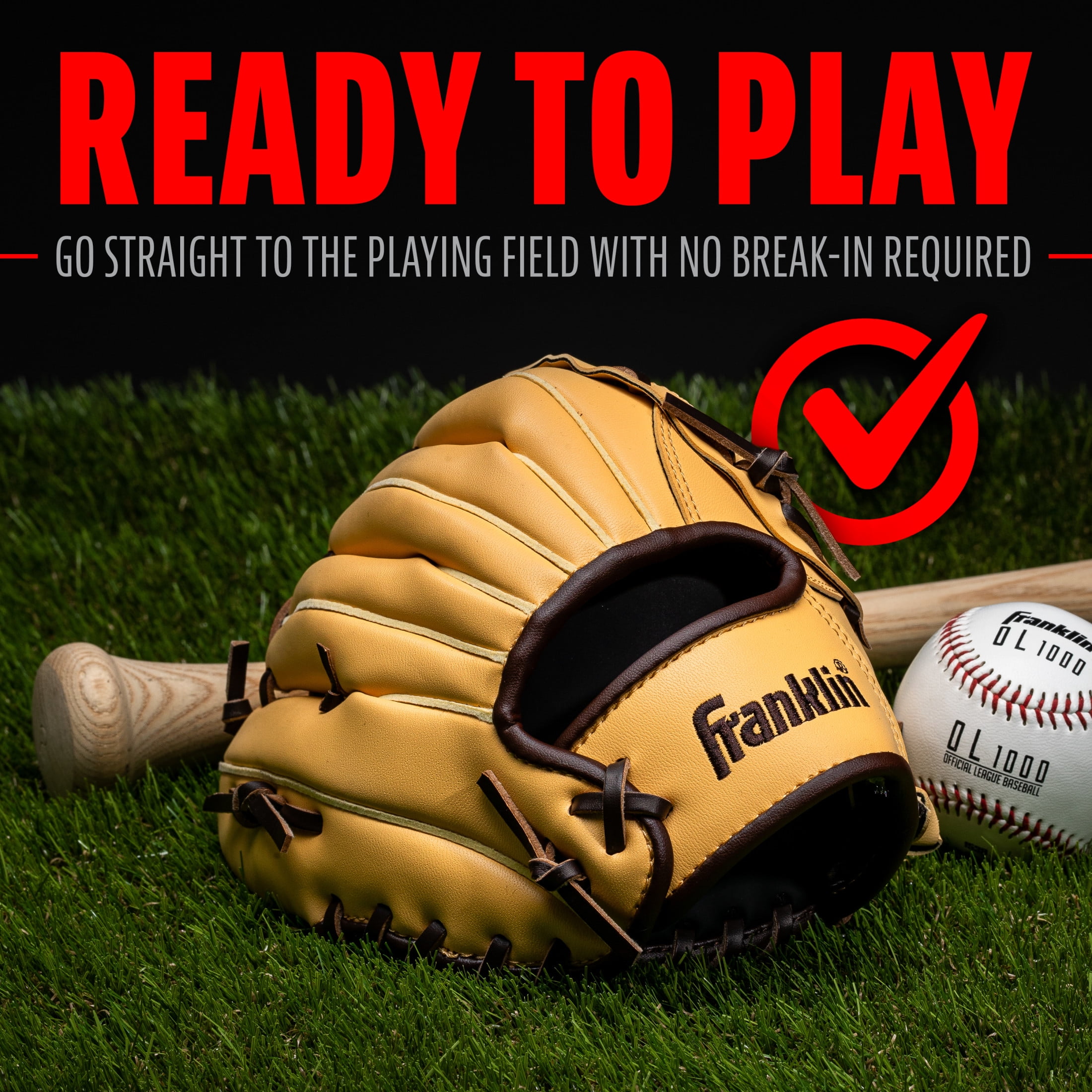 Franklin Sports Field Master Baseball + Softball Glove, 10 in, Camel Brown, Right Hand Throw