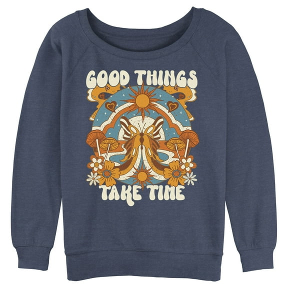 Junior's Lost Gods Good Things Take Time Butterfly  Sweatshirt Blue Heather 2X Large