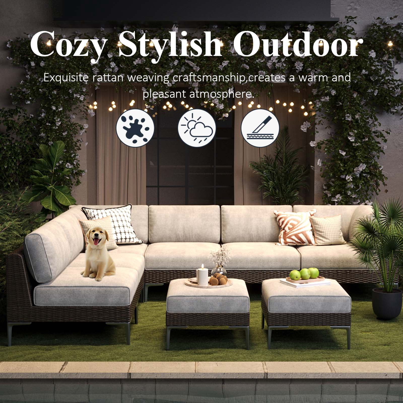 LayinSun 9-Piece Wicker Rattan Patio Furniture Set, Deep Seating Outdoor Modular Sectional Sofa Conversation Set with Thick Cushions for Lawn, Garden