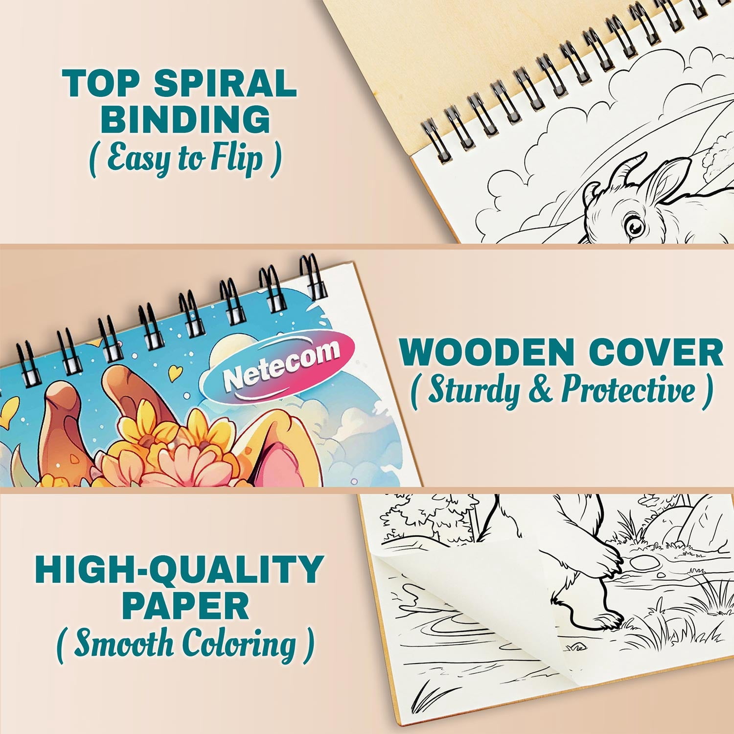 Netecom Baby Animals Coloring Book Spiral Bound for Adults, A5 Wooden Cover, 30 Adorable Coloring Pages of Little Animals for Stress Relief and Relaxation