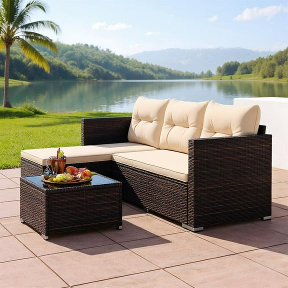 Topcobe 2-Piece Outdoor Wicker Furniture Set with Tempered Glass Coffee Table and Soft Cushions, Outdoor Patio Furniture for Garden Backyard Pool Deck-Beige