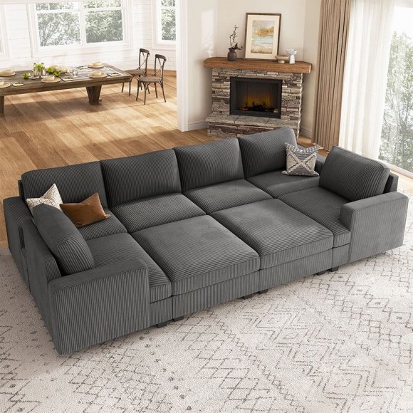 HONBAY Unisex Gray Corduroy Sleeper Sectional Sofa Bed with Reversible Storage for Living Room