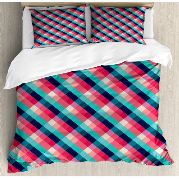 Geometric Queen Size Duvet Cover Set, Diagonal Grid Style Rhombuses with Different Colors