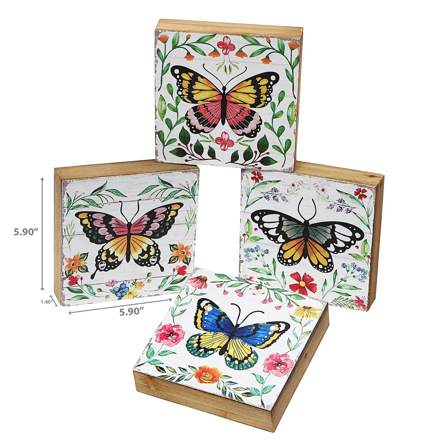 IH Casa Decor Square Wood Blocks Butterfly Asstd - Set of 4