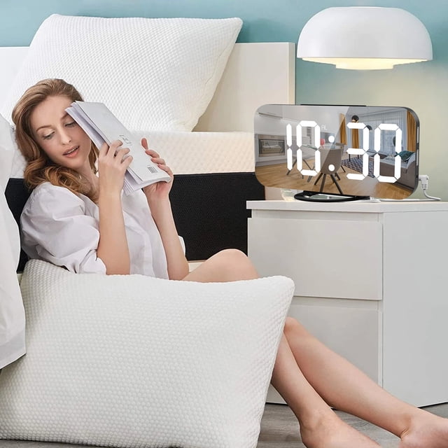 Creative Mirror Digital Alarm Clock, 6.5-inch LED Display, Dual USB Ports, Auto-Dimming for Home/Office