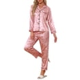 thumbnail image 4 of Womens Silk Pajamas Set Long Sleeves with Pants Lounge Satin Sleepwear Green Rose Small, 4 of 6