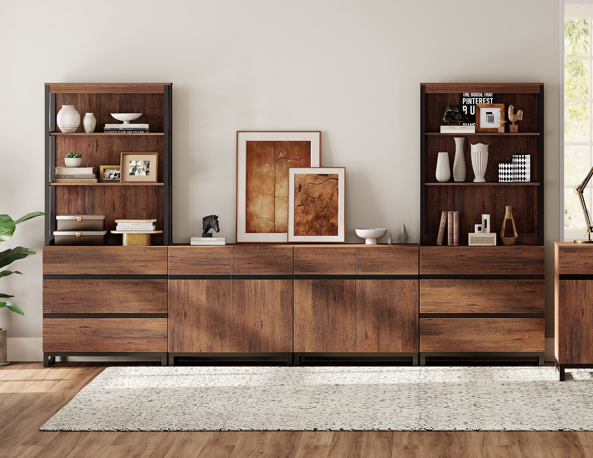 WAMPAT 4-Piece 72" Tall Modern Wood Bookcase with 6 Drawers & Adjustable Shelves, Freestanding Library Bookshelf with Storage Cabinet & Open Shelving for Home Office, Living Room, Brown
