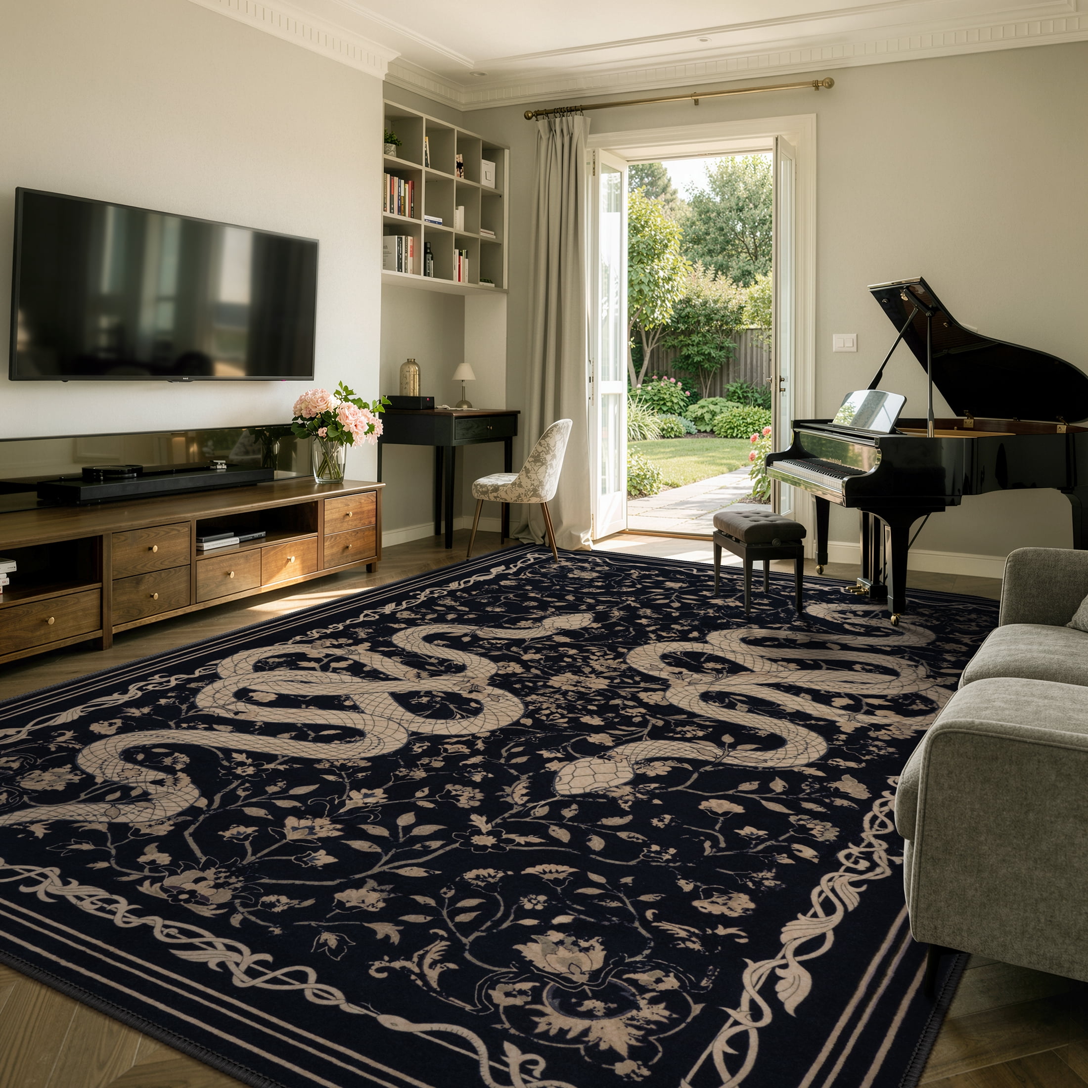 Moynesa Vintage Snake 8'x10' Large Area Rug for Living Room, Washable Black Floral Rug Botanical Statement Accent Carpet for Bedroom Dining Room Home Office Non Slip Stain Resistant Low Pile