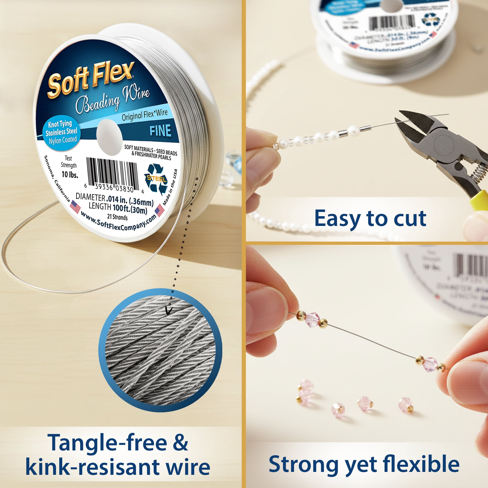 Soft Flex 21-Strand Fine Beading Wire, SFW, Satin Silver, 0.014” x 100ft