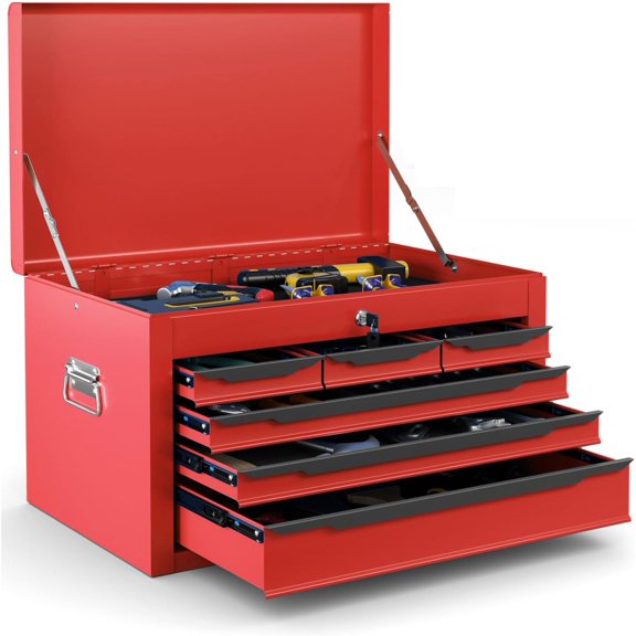 IRONMAX Small Tool Box, 24" Lockable Steel Toolbox with 6 Drawers & Top Tray, Heavy Duty Tool Chest Cabinet Storage Organizer for Garage, Workshop, Repair Shop, Warehouse (Red)