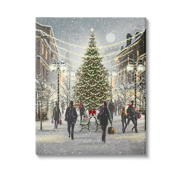 Stupell Industries Town Christmas Tree Holiday Painting Gallery Wrapped Canvas Art Print Wall Art, 16 x 20