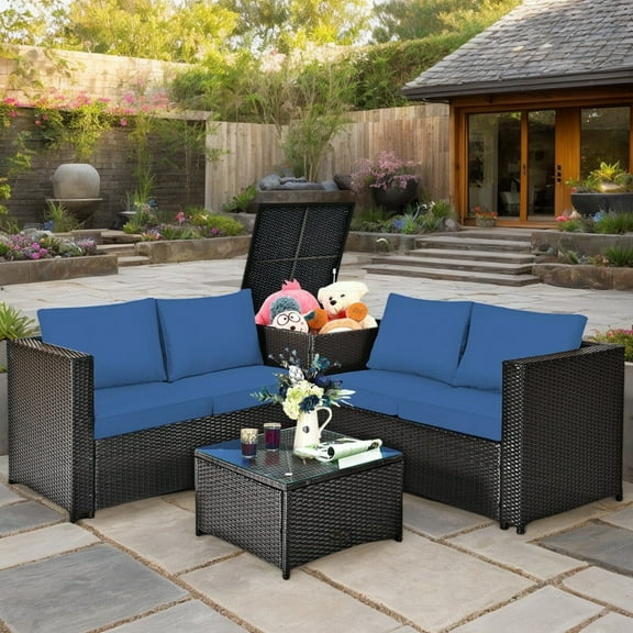 GVN 4 Pieces Outdoor Patio Rattan Furniture Set with Cushioned Loveseat and Storage Box-Navy, Outdoor Sofa Sectional , Coffee Table for Patio Back Deck, Balcany, Poolside