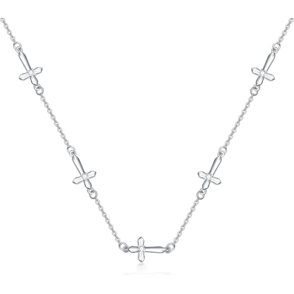 AOBOCO Cross Station Necklace Sterling Silver Cross Chain Necklace with Cubic Zirconia Gift for Women