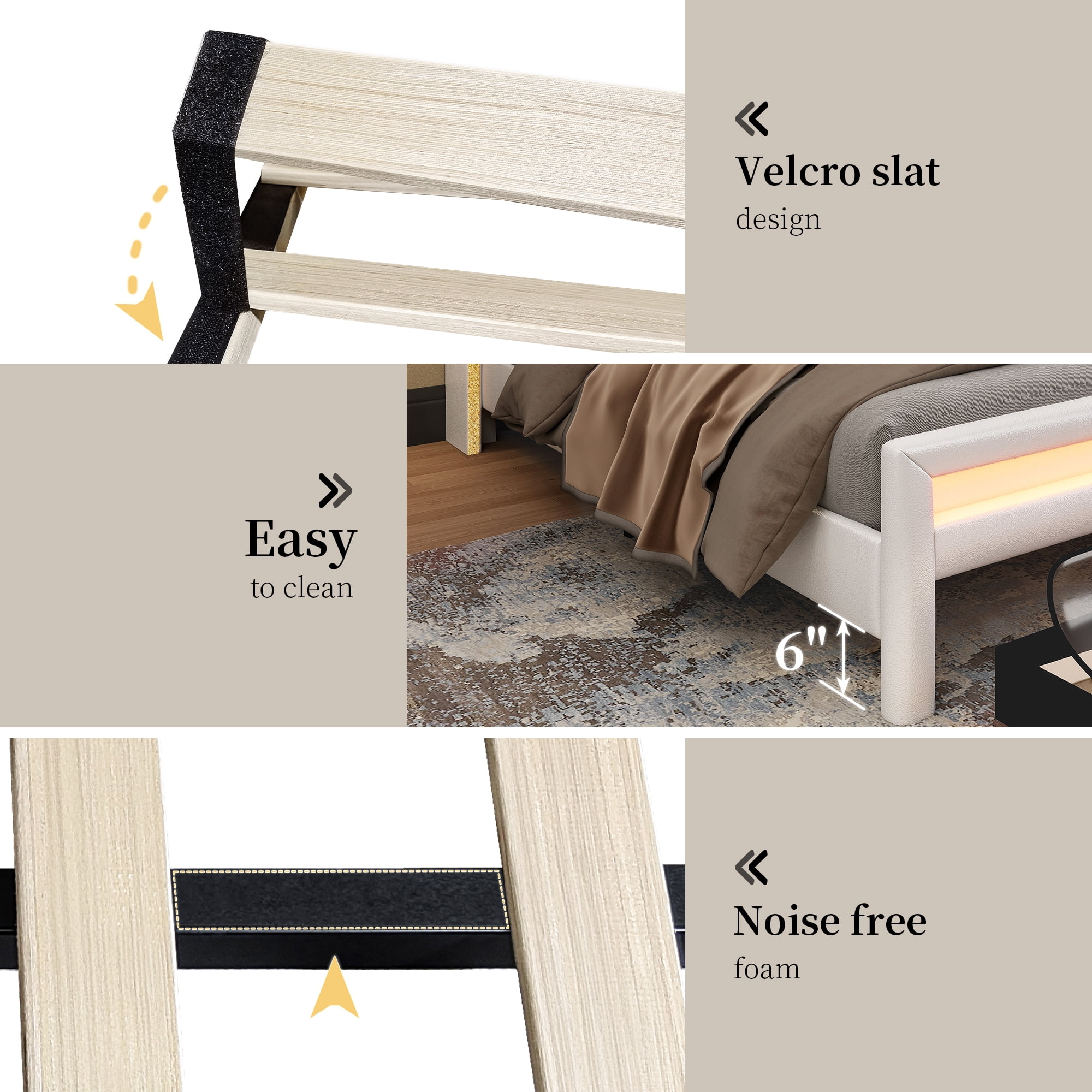 SIBEDS LED Bed Frame with 2 Storage Drawers and PU Upholstered White Wingback Headboard, Queen