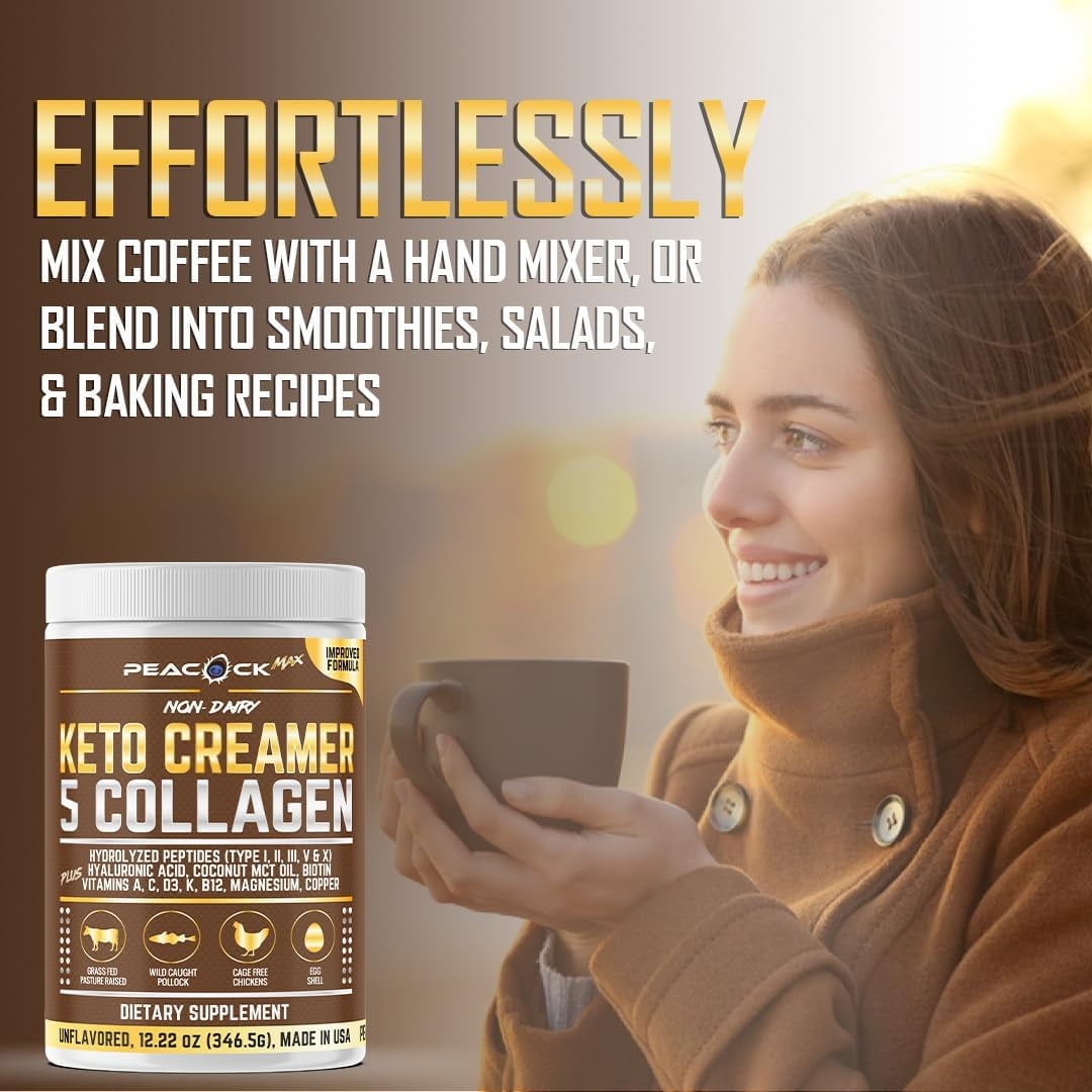 Peacock Max Keto Collagen Coffee Creamer – 12.2 oz Unflavored Protein with MCT Oil, B12, Magnesium