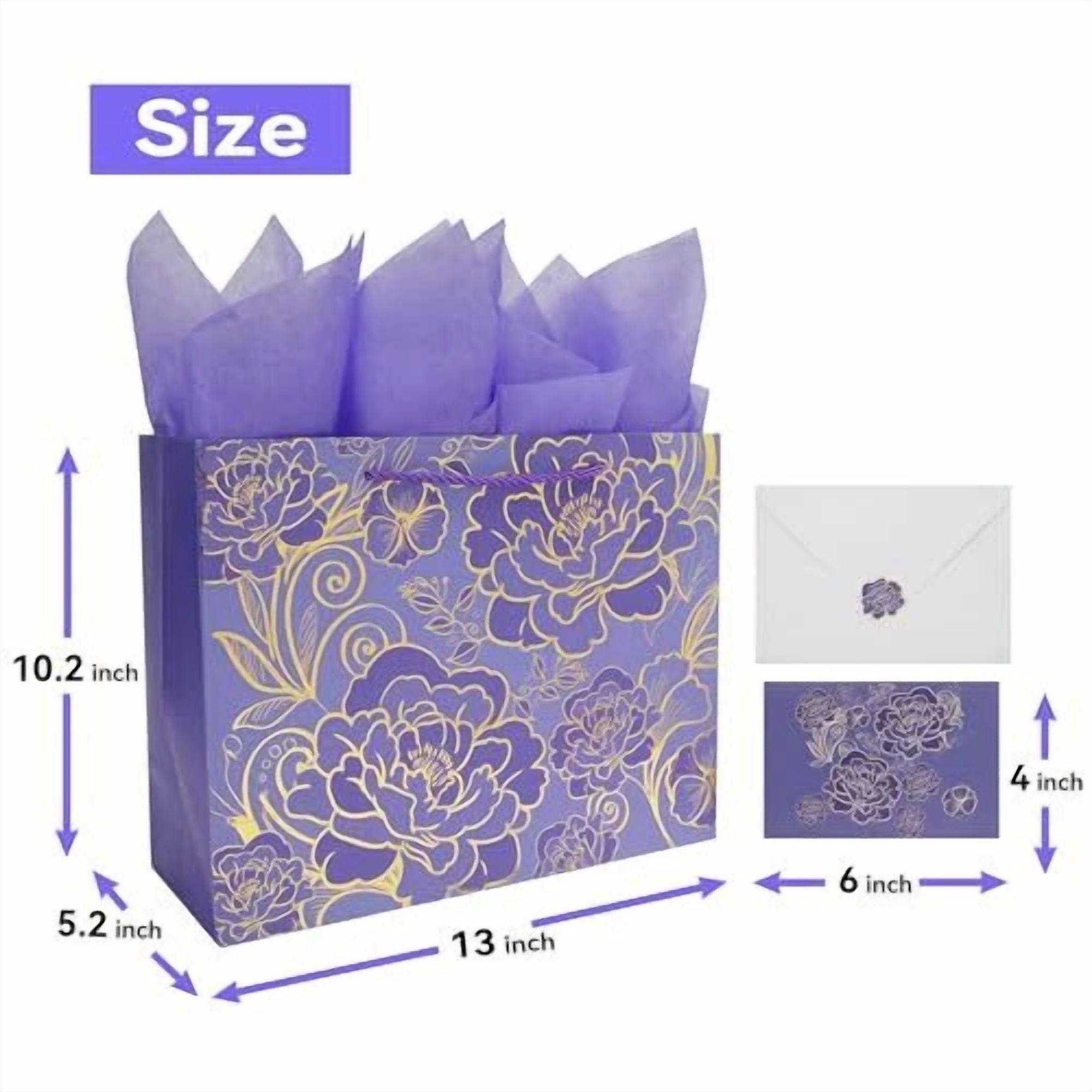 BUTTERFLY- 13" Large Rose Purple Gift Bag Set With Greeting Card And Tissue Paper For