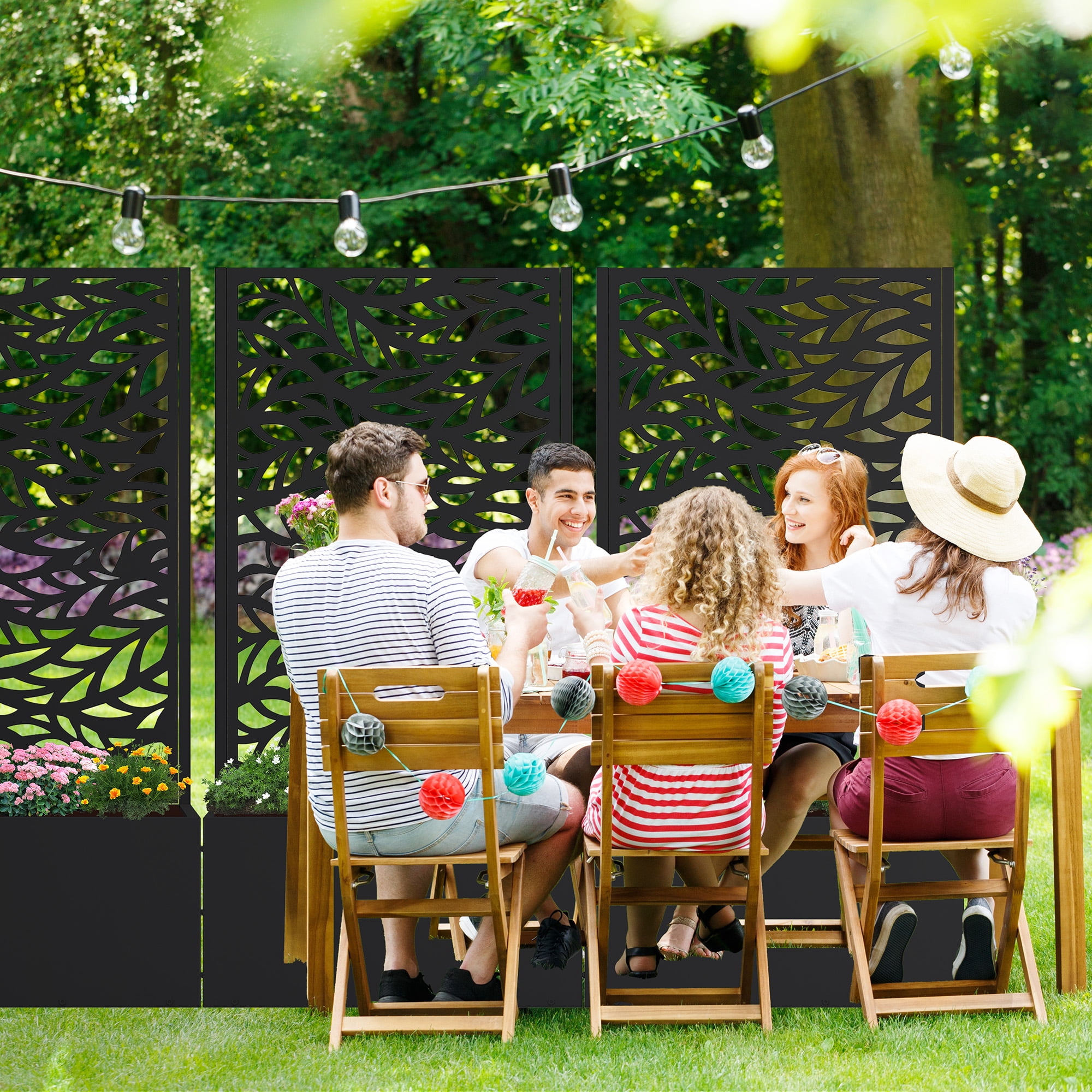MAYEERTY Outdoor Black Metal Planter Box with Trellis for Climbing Plants, Raised Garden Bed, Flowing Leaf Pattern,24×11×47"