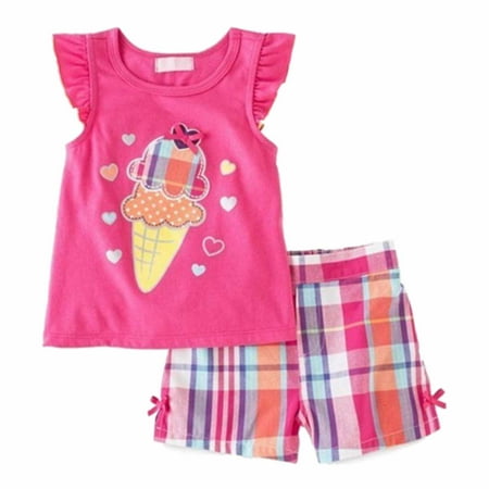 Kids Headquarters Infant Girls Plaid 2 Piece Top Short Set Ice Cream Outfit 3-6m