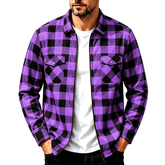 hoksml Men's Buffalo Plaid Zip Up Shacket Point Collar Dual Chest Pockets Stretch Flannel Jacket Comfort