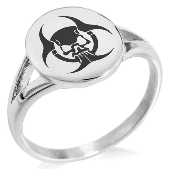 Stainless Steel Zombie Skull Biohazard Minimalist Oval Top Polished Statement Signet Ring