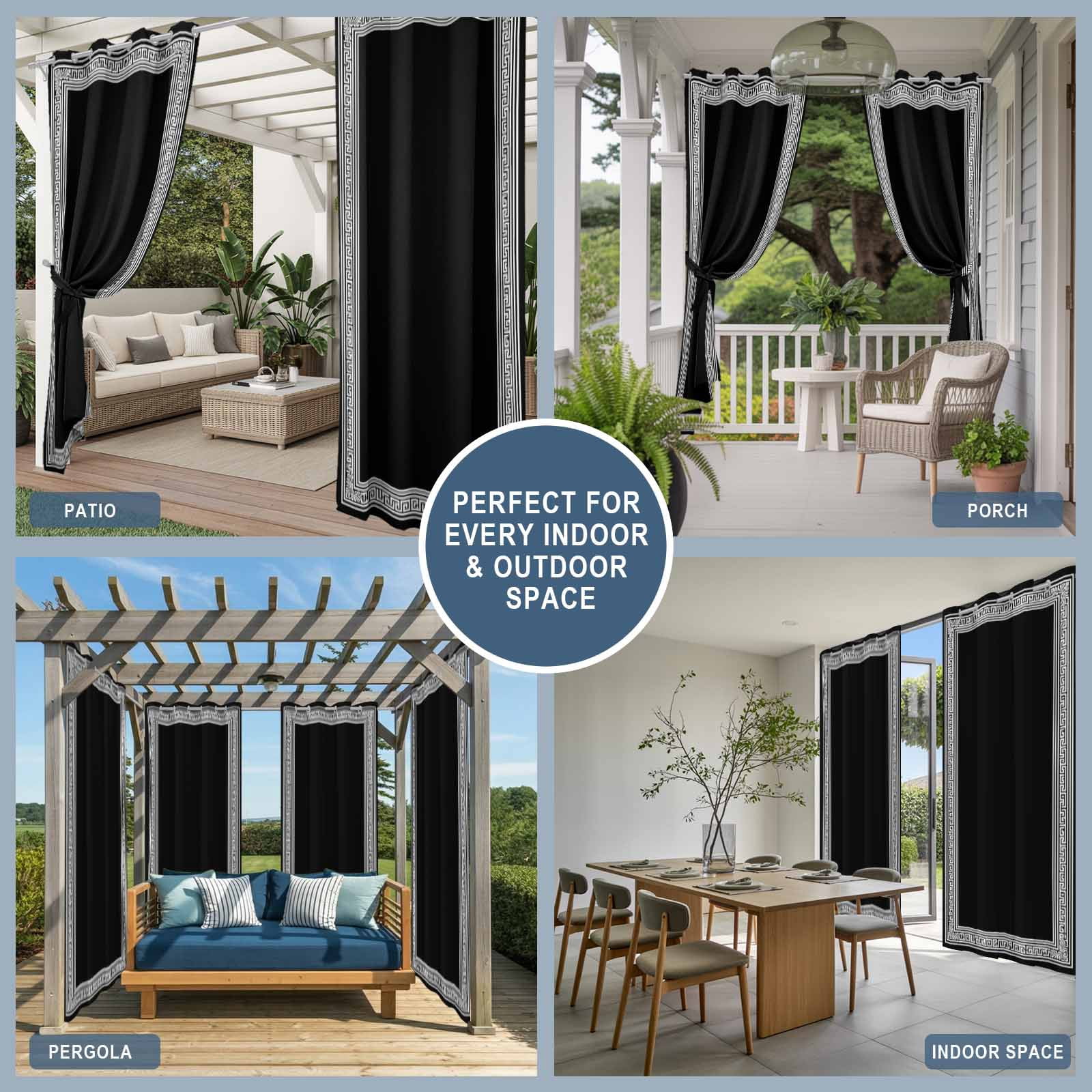 Black White Outdoor Curtains for Patio Waterproof, Geometric Greek Key Bordered Abstract Art Grommet Curtains for Porch Outside Privacy Drape for Gazebo Garden Pergola, 2 Panels, 54x84in