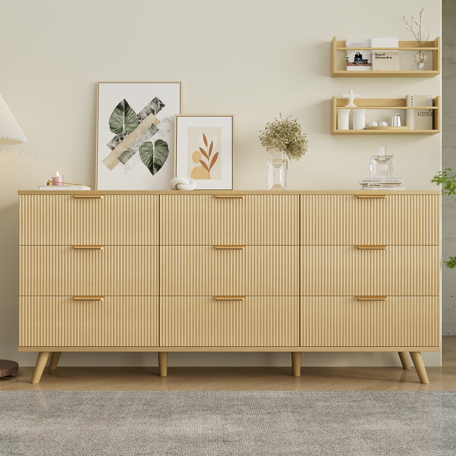 Lumiinofami 9 Drawer Dresser for Bedroom, Boho Fluted Wooden Chest of 9 Drawers Storage Cabinet for Living Room, Oak