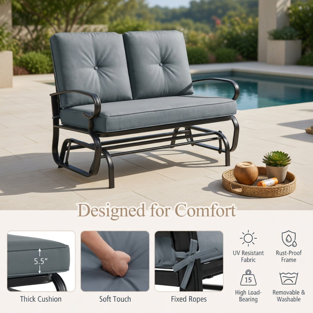 Hommoo 2-Person Outdoor Swing Glider Bench with Plush Olefin Cushions, Rust-Resistant Steel Frame, for Patio, Porch & Backyard Loveseat, Gray